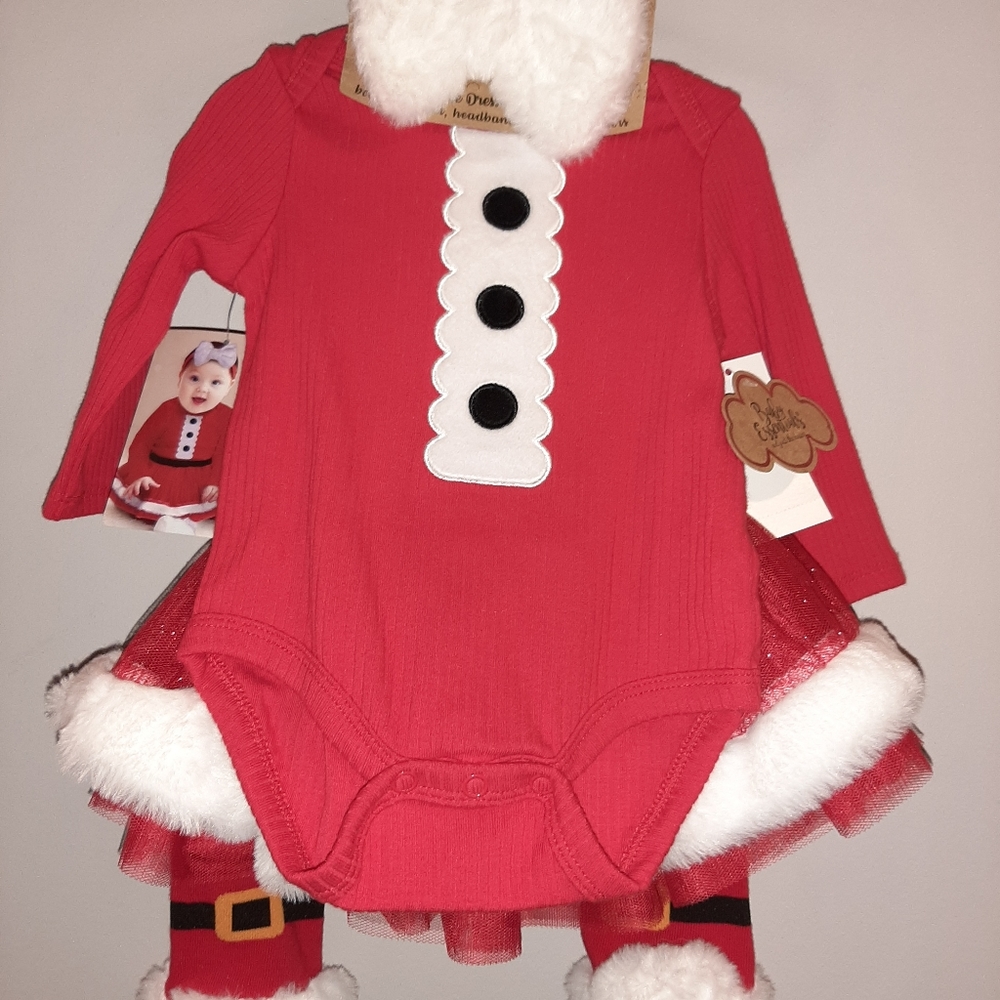 NWT Santa Baby 4 Pc Outfit Onesie Tutu Hairbow +